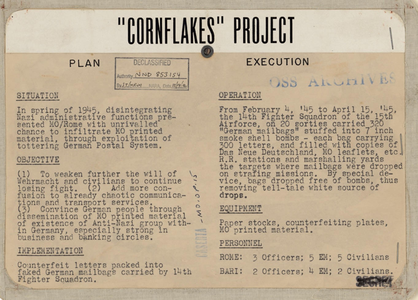 Description of Operation Cornflakes, a WWII OSS project to deliver anti-German propaganda through the German mail system 
